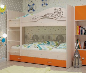 Кровать Мая-Сафари двухъярусная с ящикамиМлечный дуб/Оранжевый в Кодинске - kodinsk.katalogmebeli.com | фото