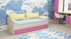 Кровать с выкатными ящиками Дуб Молочный/Розовый в Кодинске - kodinsk.katalogmebeli.com | фото 1