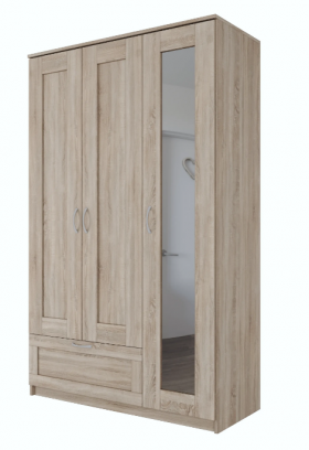 Шкаф трехдверный Сириус с зеркалом и 1 ящиком дуб сонома в Кодинске - kodinsk.katalogmebeli.com | фото